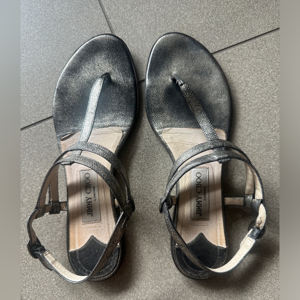 Jimmy Choo Black Metallic Leather Toe-Post Ankle Strap Sandals